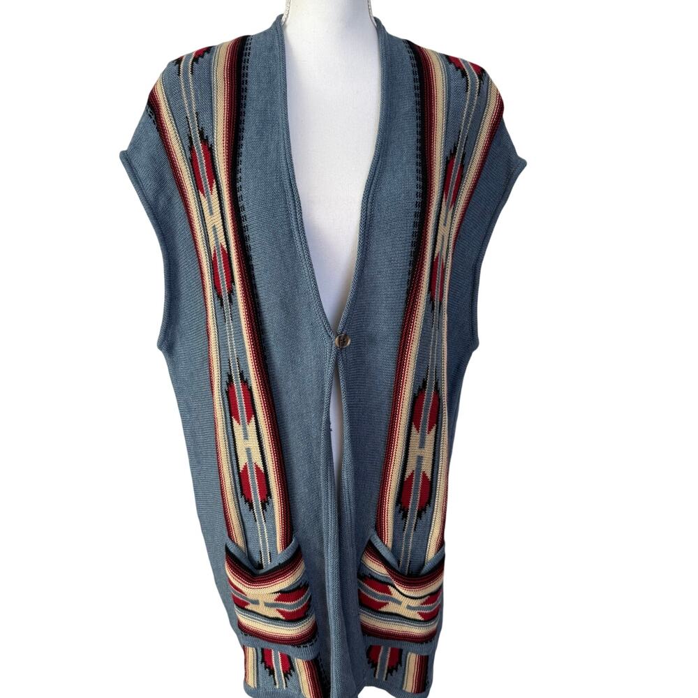 Champs Poncho Cape Cardigan Sweater Women's Size 2X Blue Cotton Blend Aztec NWT